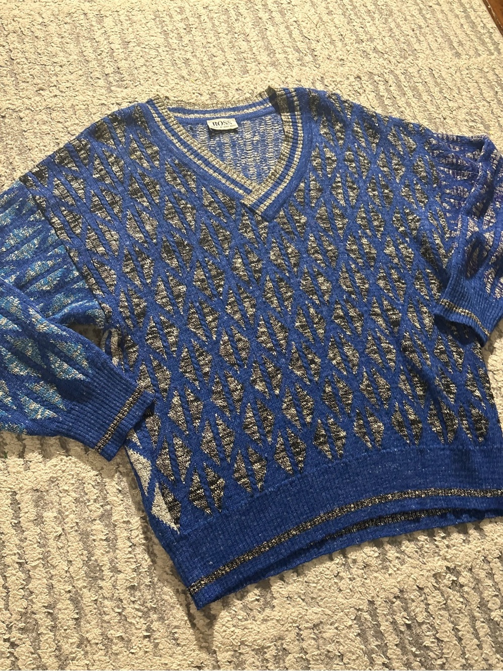 Boss Hugo Boss dope blue gray patterned unique sweater size 42/L - Picture 2 of 7